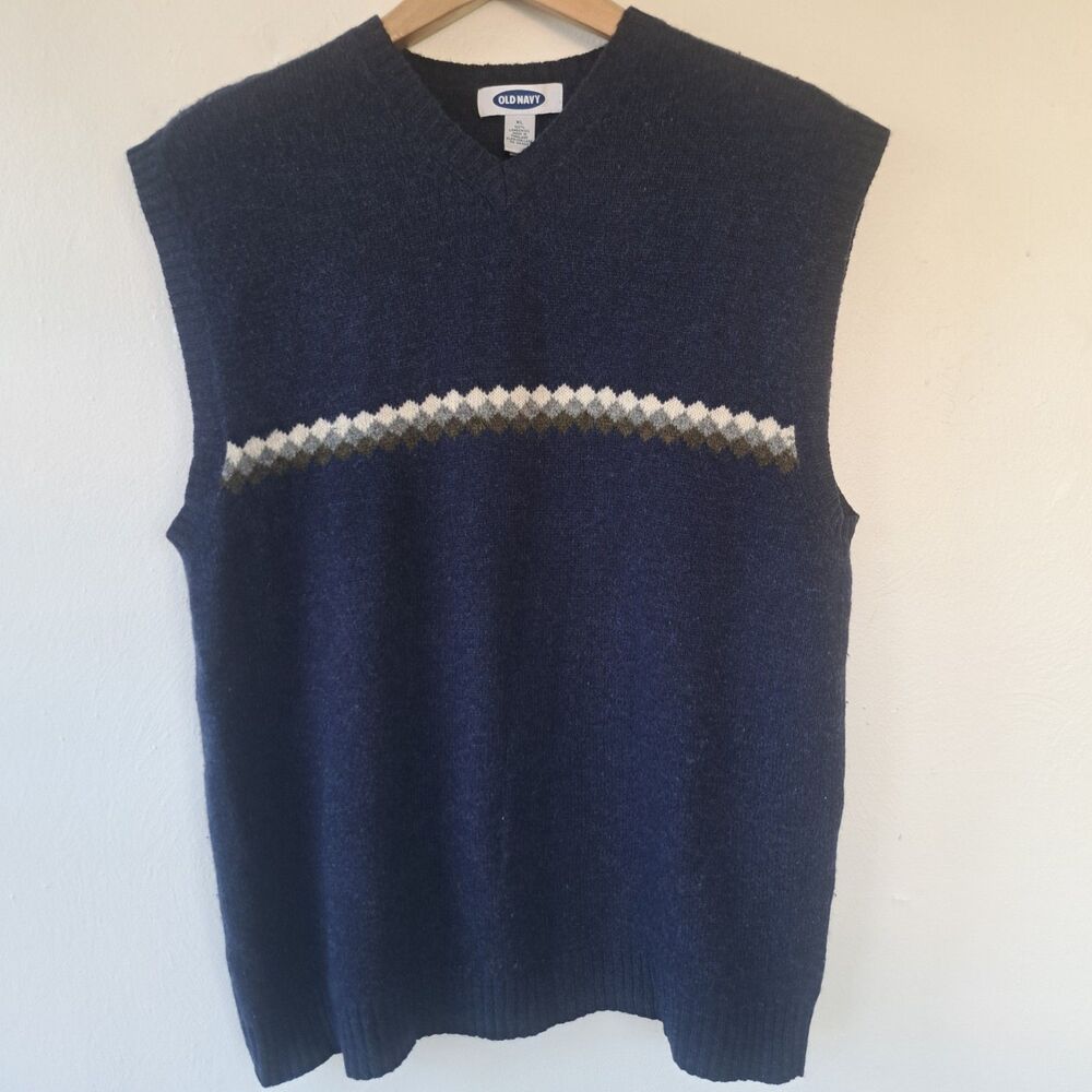 Vintage Old Navy Y2k 100% Lambswool Mens XL Sweater Vest Blue Vneck 90's FLAWED